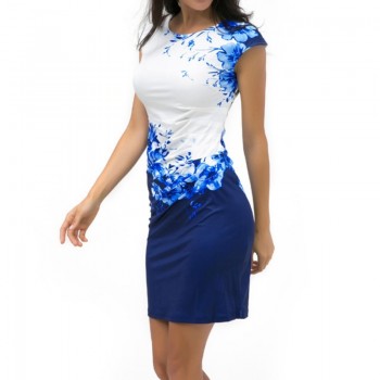 Casual Sleeveless ONeck Print Slim Office Dress Blue Red